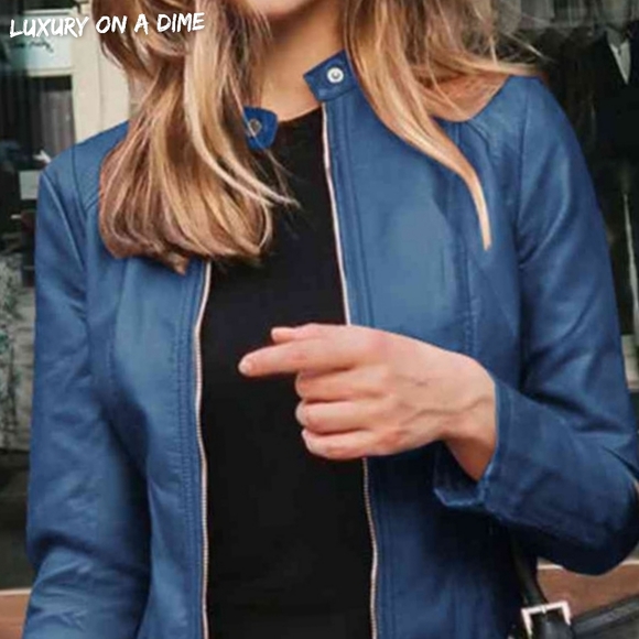 Chic Moto Vegan Leather Jacket Zip-up Sleek Snap Mock Neck Trendy Peacock Blue - Picture 5 of 11